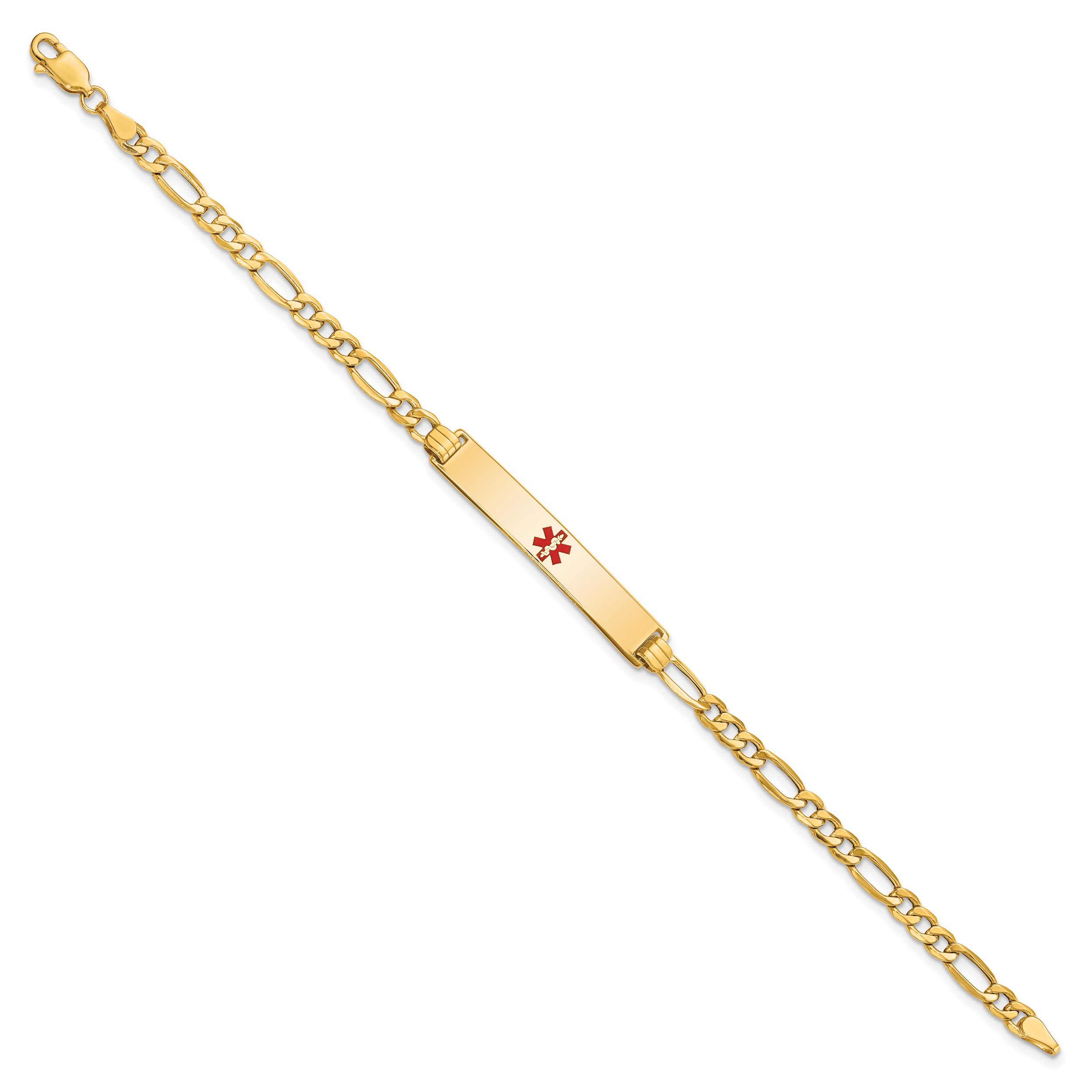14K Medical Semi-Solid Chain/Solid Plate 34x6mm Centered Red Enamel Figaro Link 7 inch ID Bracelet Secondary image