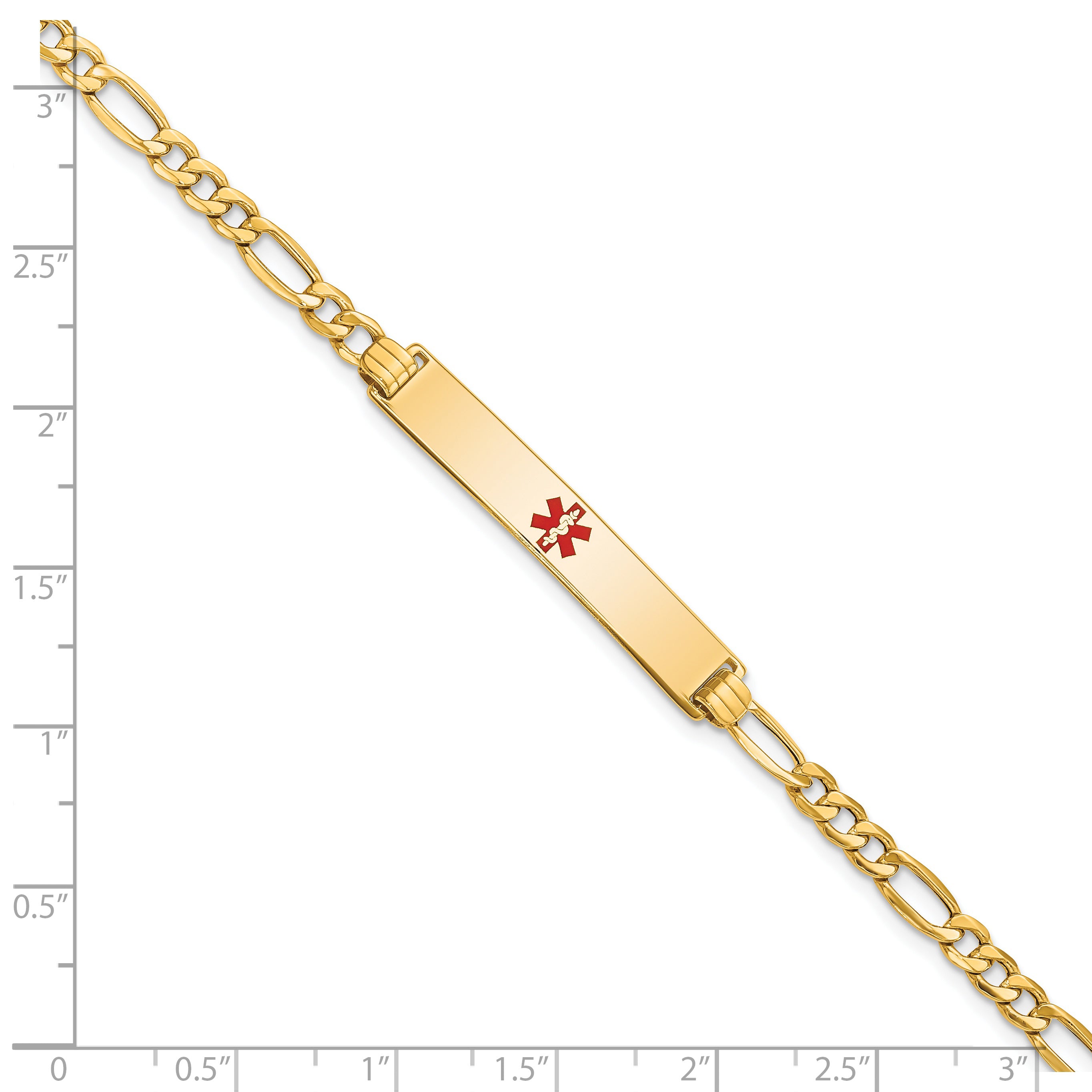14K Medical Semi-Solid Chain/Solid Plate 34x6mm Centered Red Enamel Figaro Link 7 inch ID Bracelet