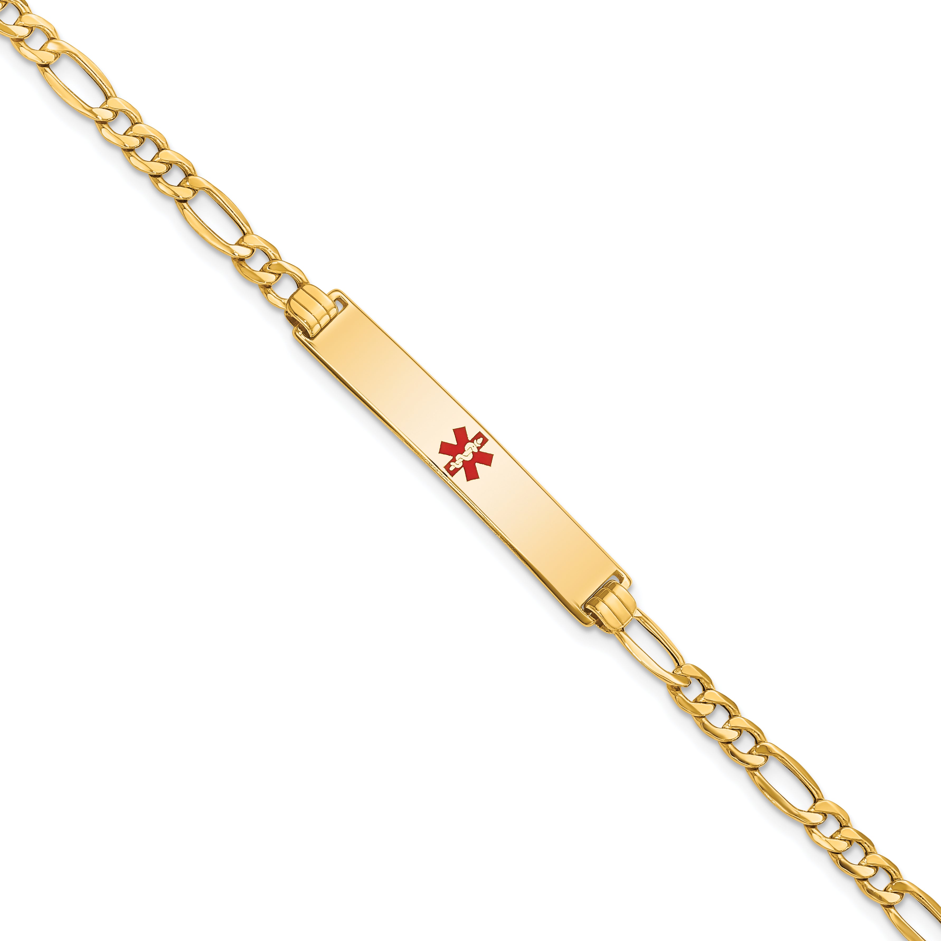 14K Medical Semi-Solid Chain/Solid Plate 34x6mm Centered Red Enamel Figaro Link 7 inch ID Bracelet