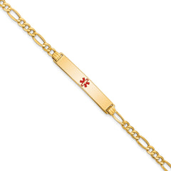 14K Medical Semi-Solid Chain/Solid Plate 34x6mm Centered Red Enamel Figaro Link 7 inch ID Bracelet