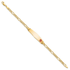 14K Medical Semi-Solid Chain/Solid Plate Soft Diamond Shape 34x8mm Off-Center Red Enamel Figaro Link 7 inch ID Bracelet