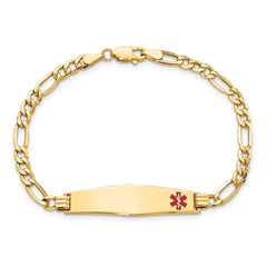 14K Medical Semi-Solid Chain/Solid Plate Soft Diamond Shape 34x8mm Off-Center Red Enamel Figaro Link 7 inch ID Bracelet