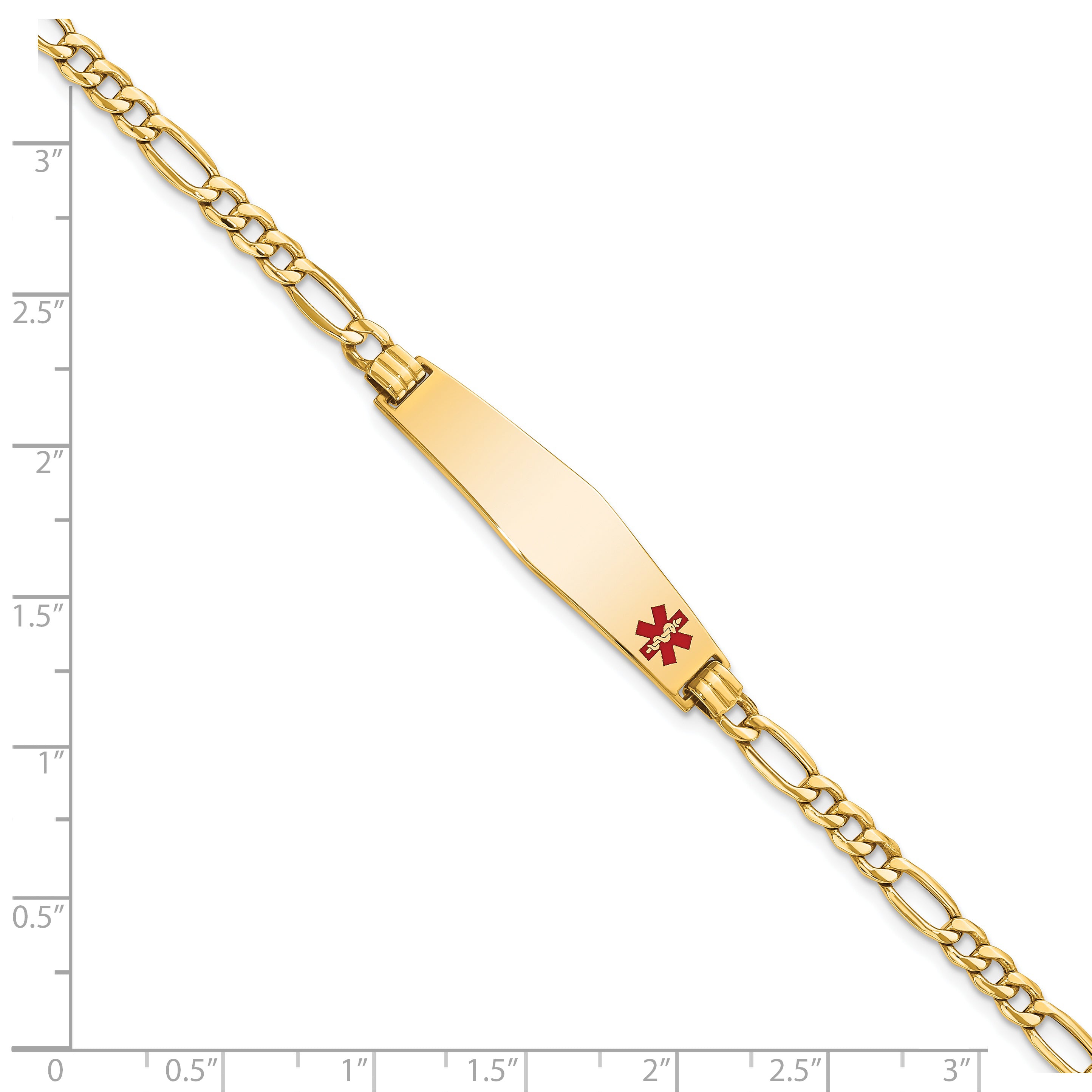14K Medical Semi-Solid Chain/Solid Plate Soft Diamond Shape 34x8mm Off-Center Red Enamel Figaro Link 7 inch ID Bracelet