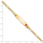 14K Medical Semi-Solid Chain/Solid Plate Soft Diamond Shape 34x8mm Off-Center Red Enamel Figaro Link 8 inch ID Bracelet