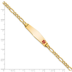 14K Medical Semi-Solid Chain/Solid Plate Soft Diamond Shape 34x8mm Off-Center Red Enamel Figaro Link 7 inch ID Bracelet