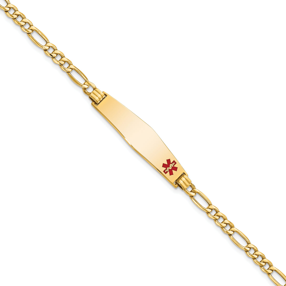 14K Medical Semi-Solid Chain/Solid Plate Soft Diamond Shape 34x8mm Off-Center Red Enamel Figaro Link 7 inch ID Bracelet