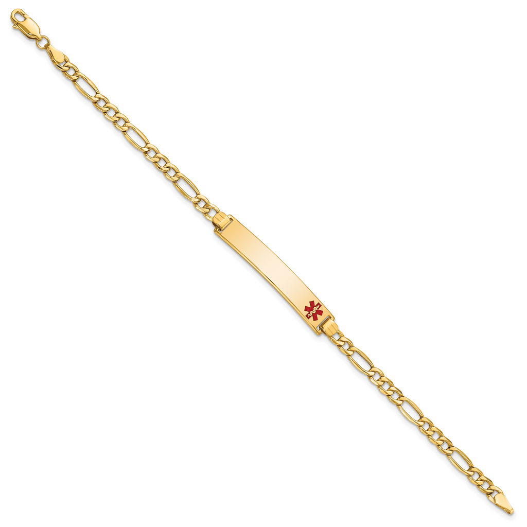 14K Medical Semi-Solid Chain/Solid Plate 35x6mm Off-Center Red Enamel Figaro Link 8 inch ID Bracelet