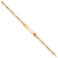 14K Medical Semi-Solid Chain/Solid Plate 35x6mm Off-Center Red Enamel Figaro Link 7 inch ID Bracelet