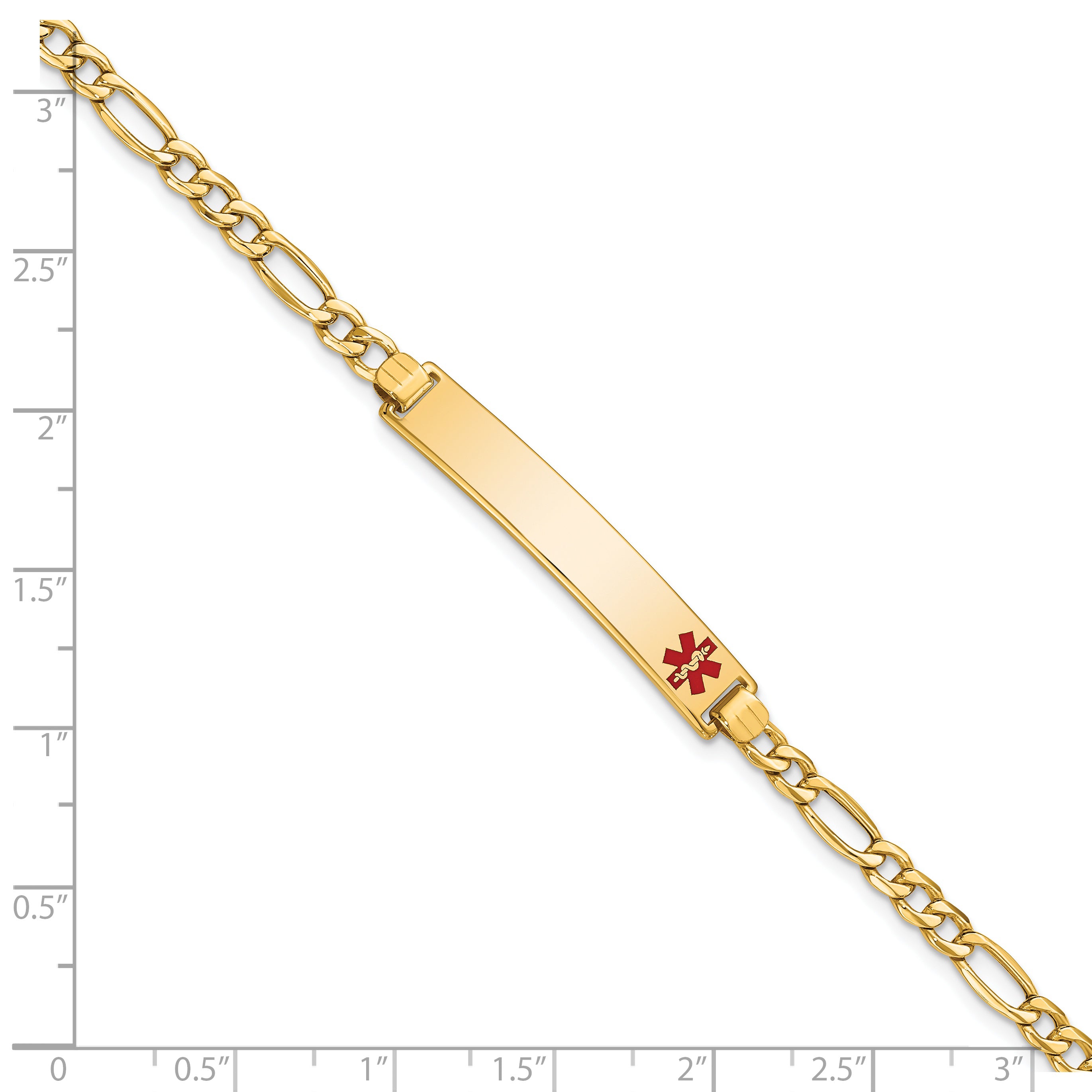 14K Medical Semi-Solid Chain/Solid Plate 35x6mm Off-Center Red Enamel Figaro Link 8 inch ID Bracelet