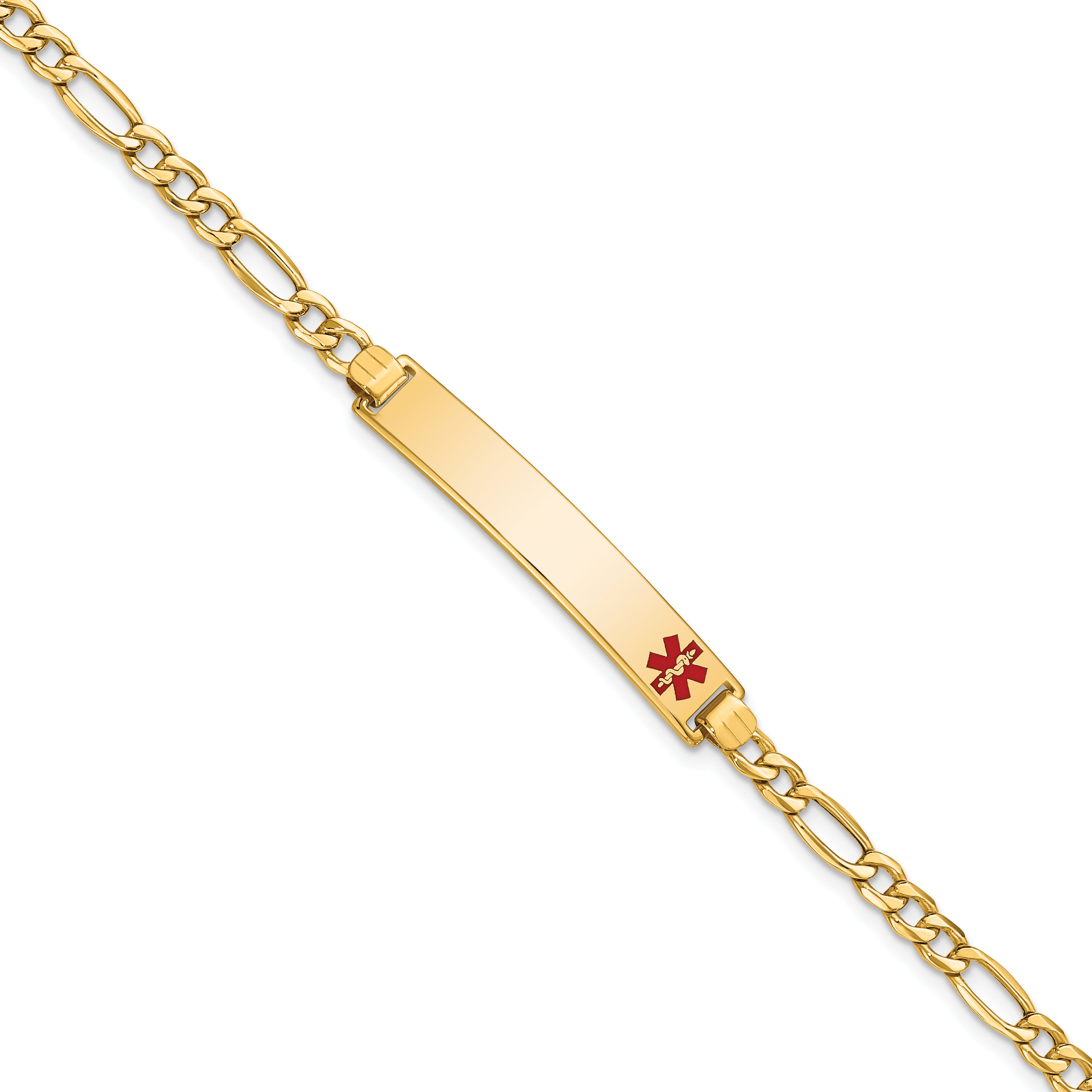 14K Medical Semi-Solid Chain/Solid Plate 35x6mm Off-Center Red Enamel Figaro Link 7 inch ID Bracelet Main image