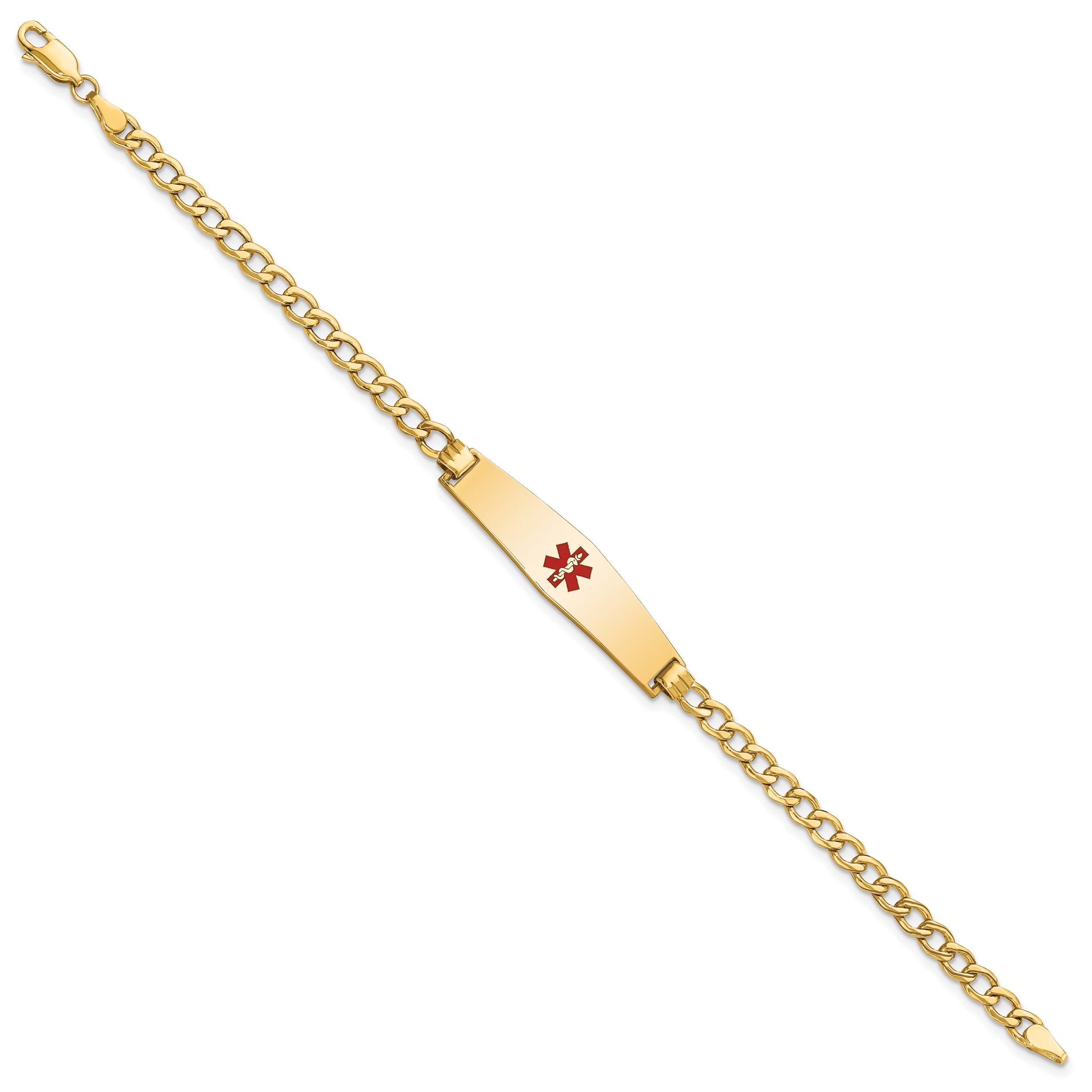 14K Medical Semi-Solid Chain/Solid Plate Soft Diamond Shape 33x8mm Centered Red Enamel Curb Link 7 inch ID Bracelet