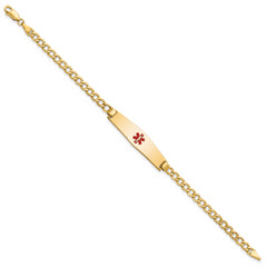 14K Medical Semi-Solid Chain/Solid Plate Soft Diamond Shape 33x8mm Centered Red Enamel Curb Link 7 inch ID Bracelet