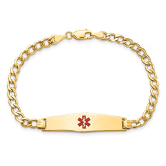 14K Medical Semi-Solid Chain/Solid Plate Soft Diamond Shape 33x8mm Centered Red Enamel Curb Link 7 inch ID Bracelet