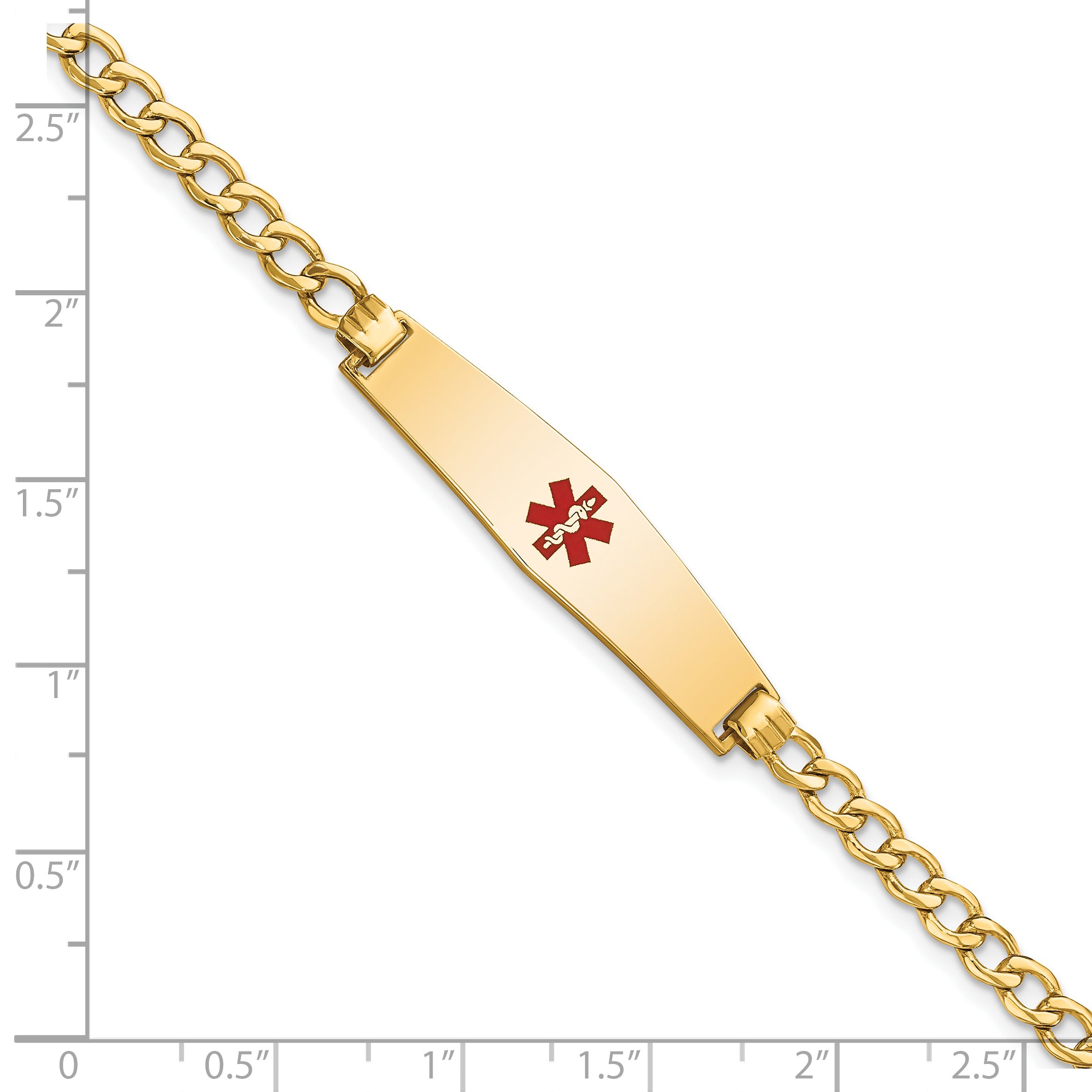 14K Medical Semi-Solid Chain/Solid Plate Soft Diamond Shape 33x8mm Centered Red Enamel Curb Link 7 inch ID Bracelet