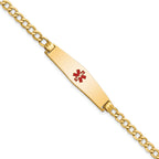 14K Medical Semi-Solid Chain/Solid Plate Soft Diamond Shape 33x8mm Centered Red Enamel Curb Link 7 inch ID Bracelet