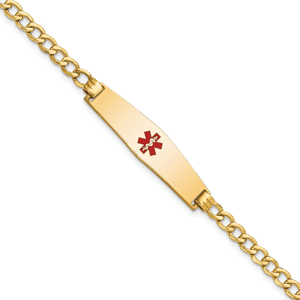 14K Medical Semi-Solid Chain/Solid Plate Soft Diamond Shape 33x8mm Centered Red Enamel Curb Link 8 inch ID Bracelet