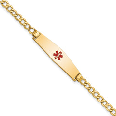 14K Medical Semi-Solid Chain/Solid Plate Soft Diamond Shape 33x8mm Centered Red Enamel Curb Link 7 inch ID Bracelet
