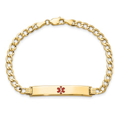 14K Medical Semi-Solid Chain/Solid Plate 34x6mm Centered Red Enamel Curb Link 8 inch ID Bracelet