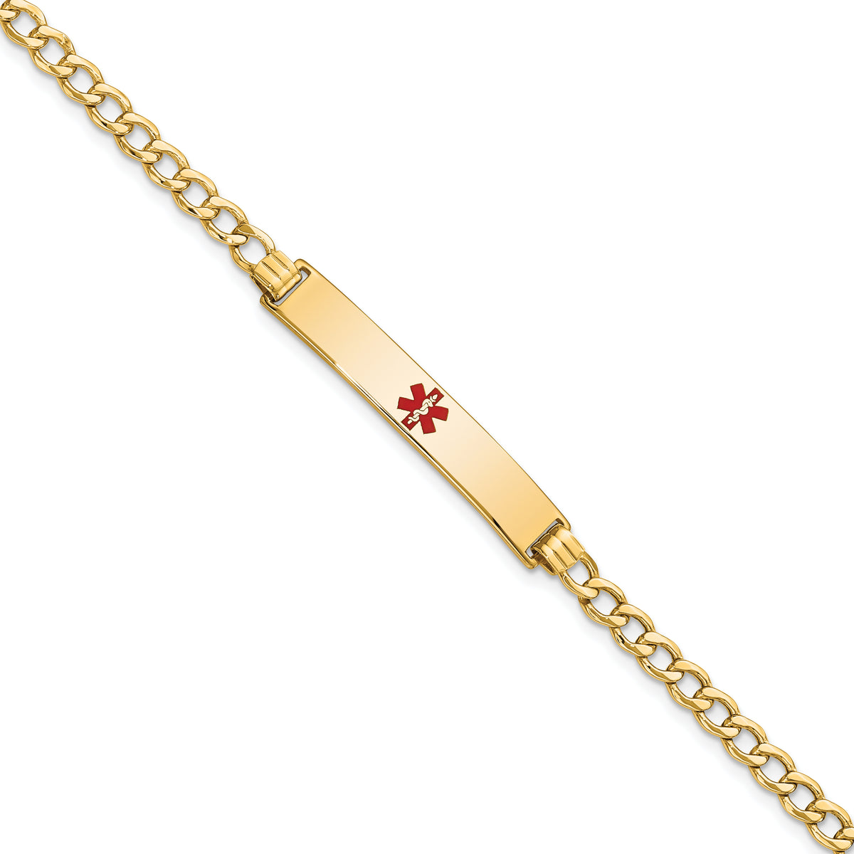 14K Medical Semi-Solid Chain/Solid Plate 34x6mm Centered Red Enamel Curb Link 8 inch ID Bracelet