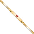 14K Medical Semi-Solid Chain/Solid Plate 34x6mm Centered Red Enamel Curb Link 7 inch ID Bracelet