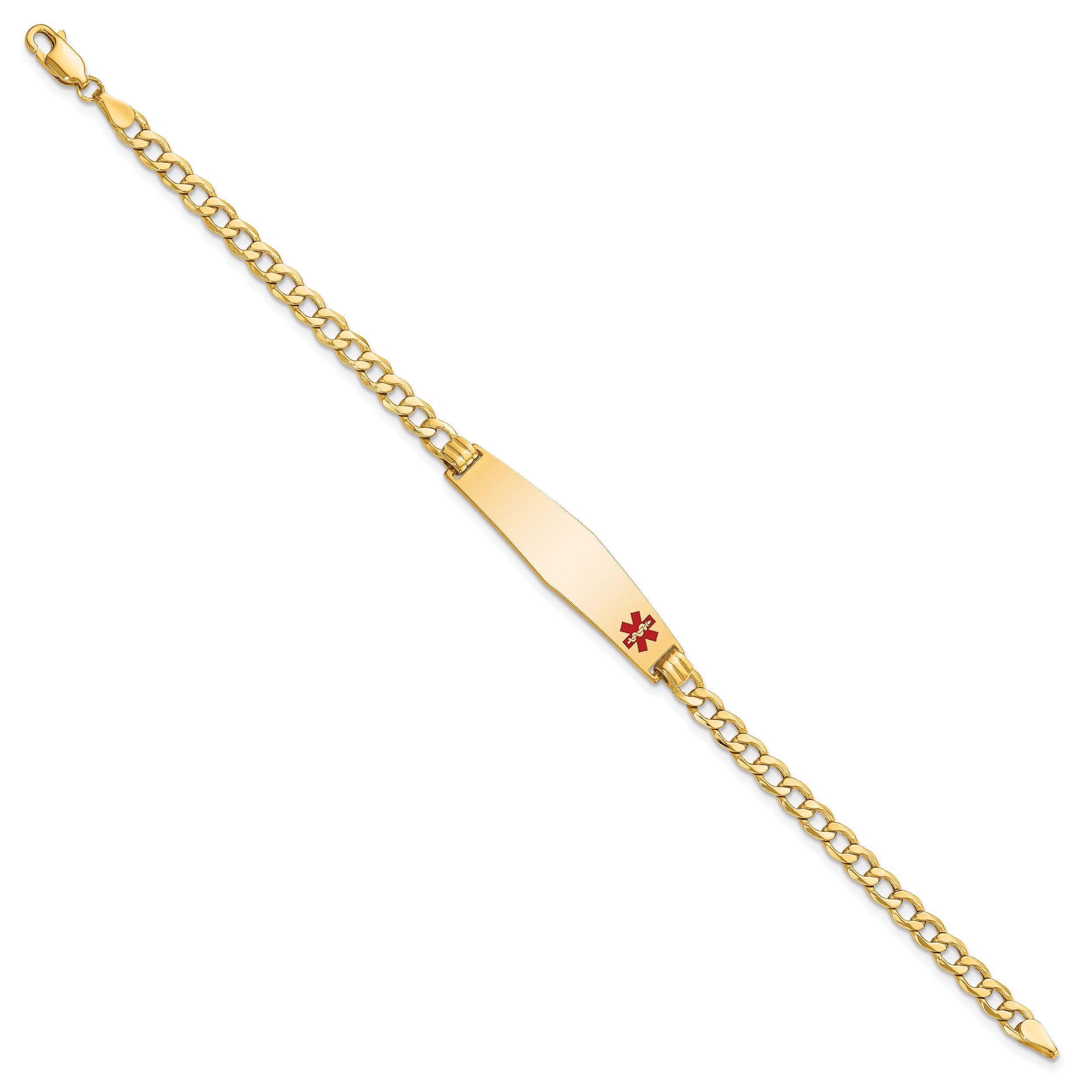 14K Medical Semi-Solid Chain/Solid Plate Soft Diamond Shape 34x8mm Off-Center Red Enamel Curb Link 8 inch ID Bracelet