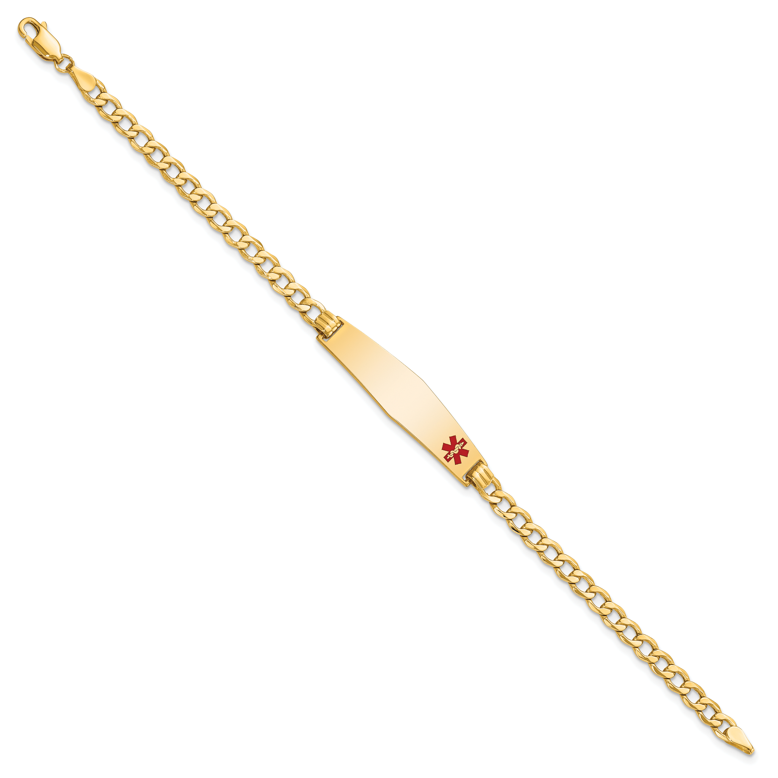 14K Medical Semi-Solid Chain/Solid Plate Soft Diamond Shape 34x8mm Off-Center Red Enamel Curb Link 8 inch ID Bracelet