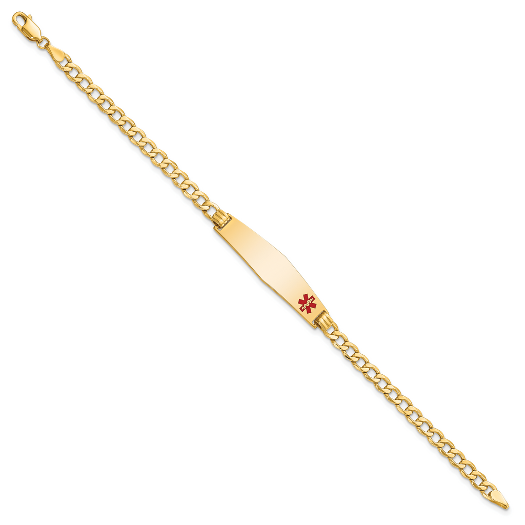 14K Medical Semi-Solid Chain/Solid Plate Soft Diamond Shape 34x8mm Off-Center Red Enamel Curb Link 7 inch ID Bracelet