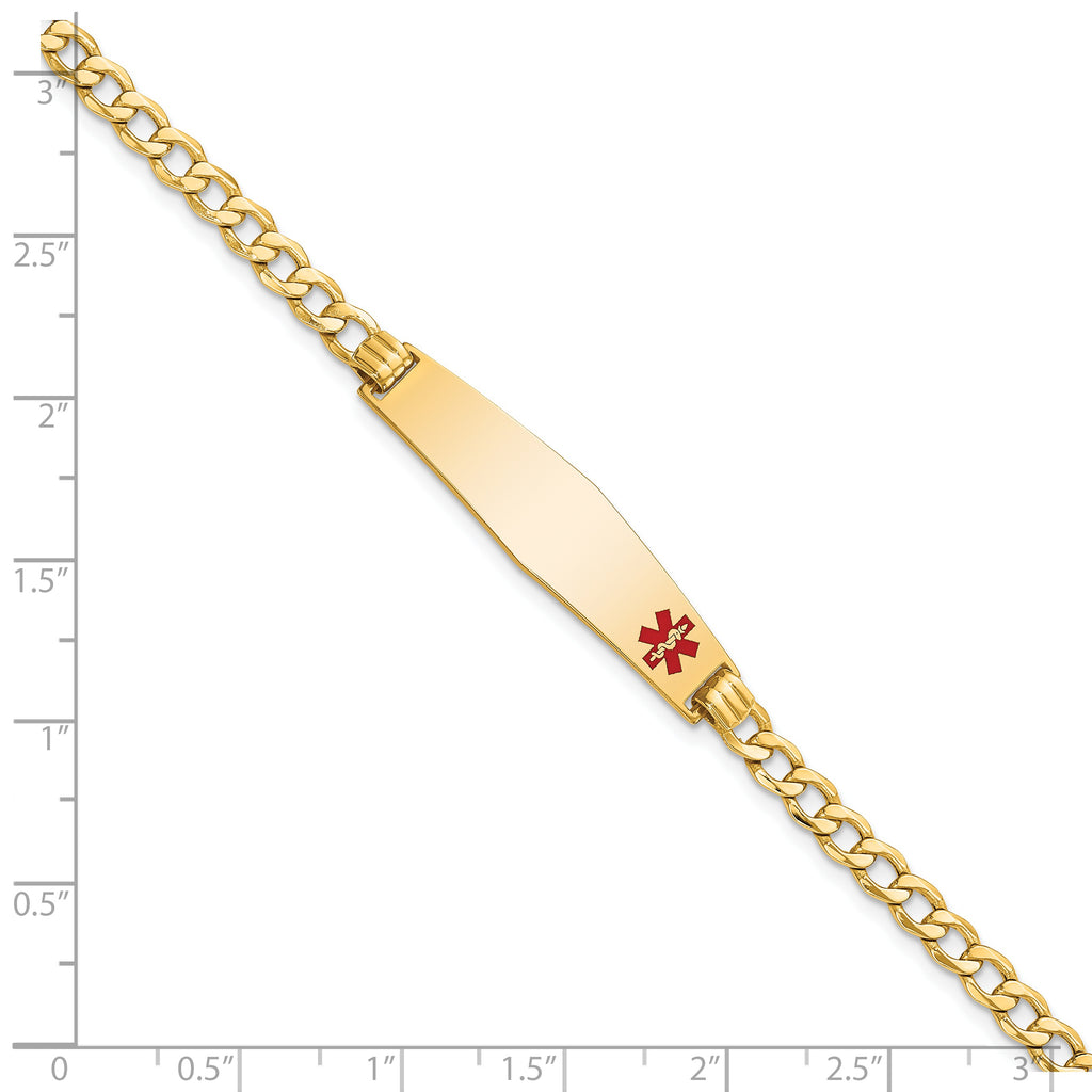 14K Medical Semi-Solid Chain/Solid Plate Soft Diamond Shape 34x8mm Off-Center Red Enamel Curb Link 8 inch ID Bracelet