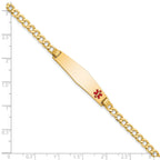 14K Medical Semi-Solid Chain/Solid Plate Soft Diamond Shape 34x8mm Off-Center Red Enamel Curb Link 7 inch ID Bracelet