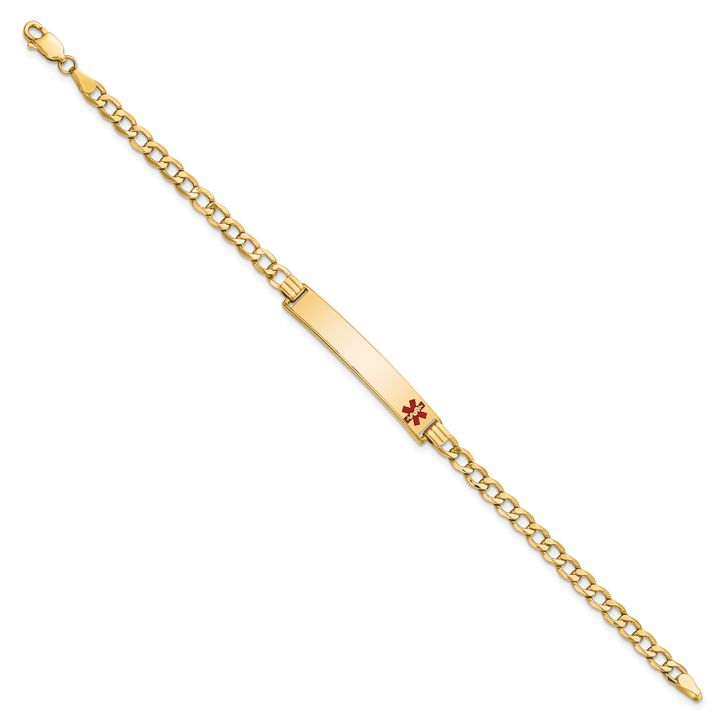 14K Medical Semi-Solid Chain/Solid Plate 35x6mm Off-Center Red Enamel Curb Link 8 inch ID Bracelet