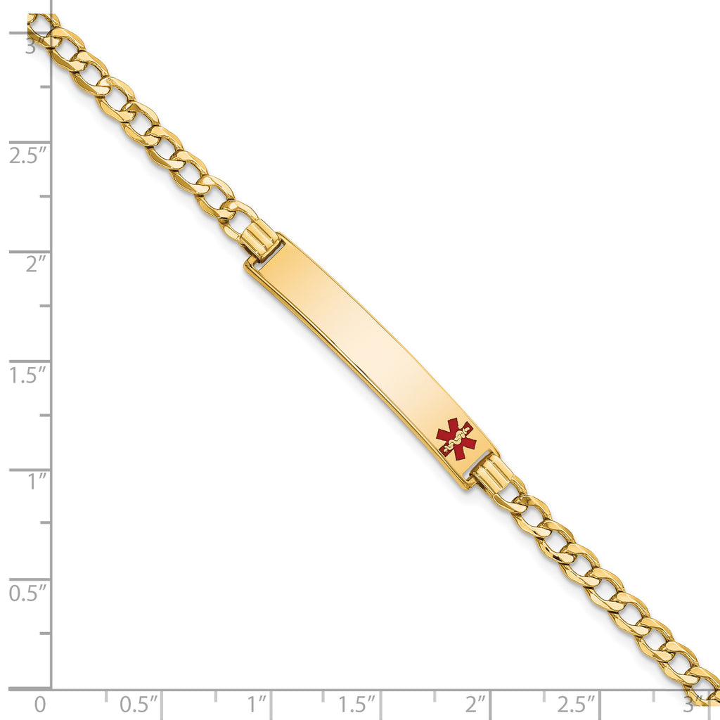 14K Medical Semi-Solid Chain/Solid Plate 35x6mm Off-Center Red Enamel Curb Link 8 inch ID Bracelet