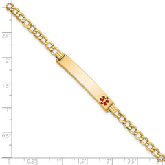 14K Medical Semi-Solid Chain/Solid Plate 35x6mm Off-Center Red Enamel Curb Link 7 inch ID Bracelet