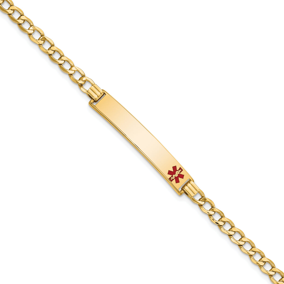 14K Medical Semi-Solid Chain/Solid Plate 35x6mm Off-Center Red Enamel Curb Link 7 inch ID Bracelet