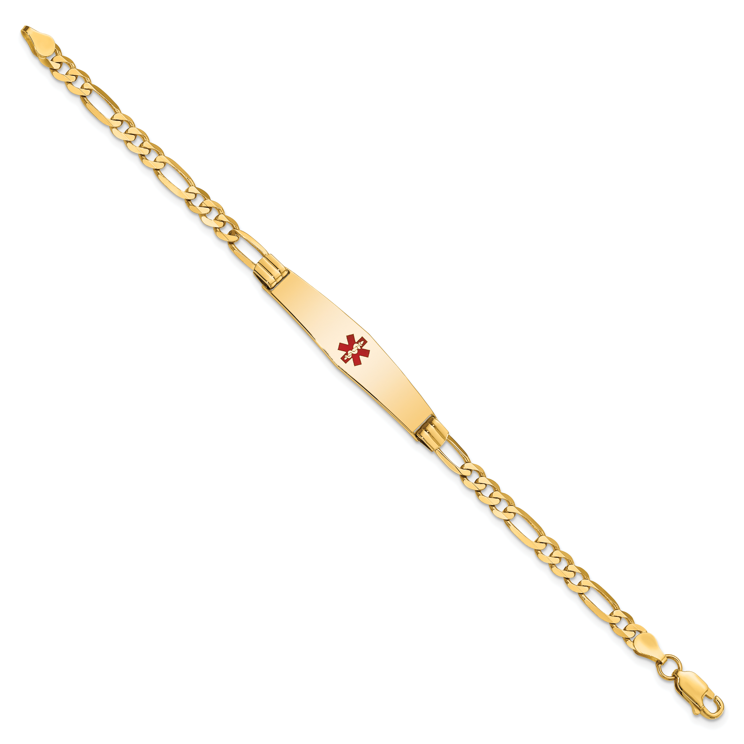14K Medical Solid Chain/Solid Plate Soft Diamond Shape 36x9mm Centered Red Enamel Figaro Link 8 inch ID Bracelet