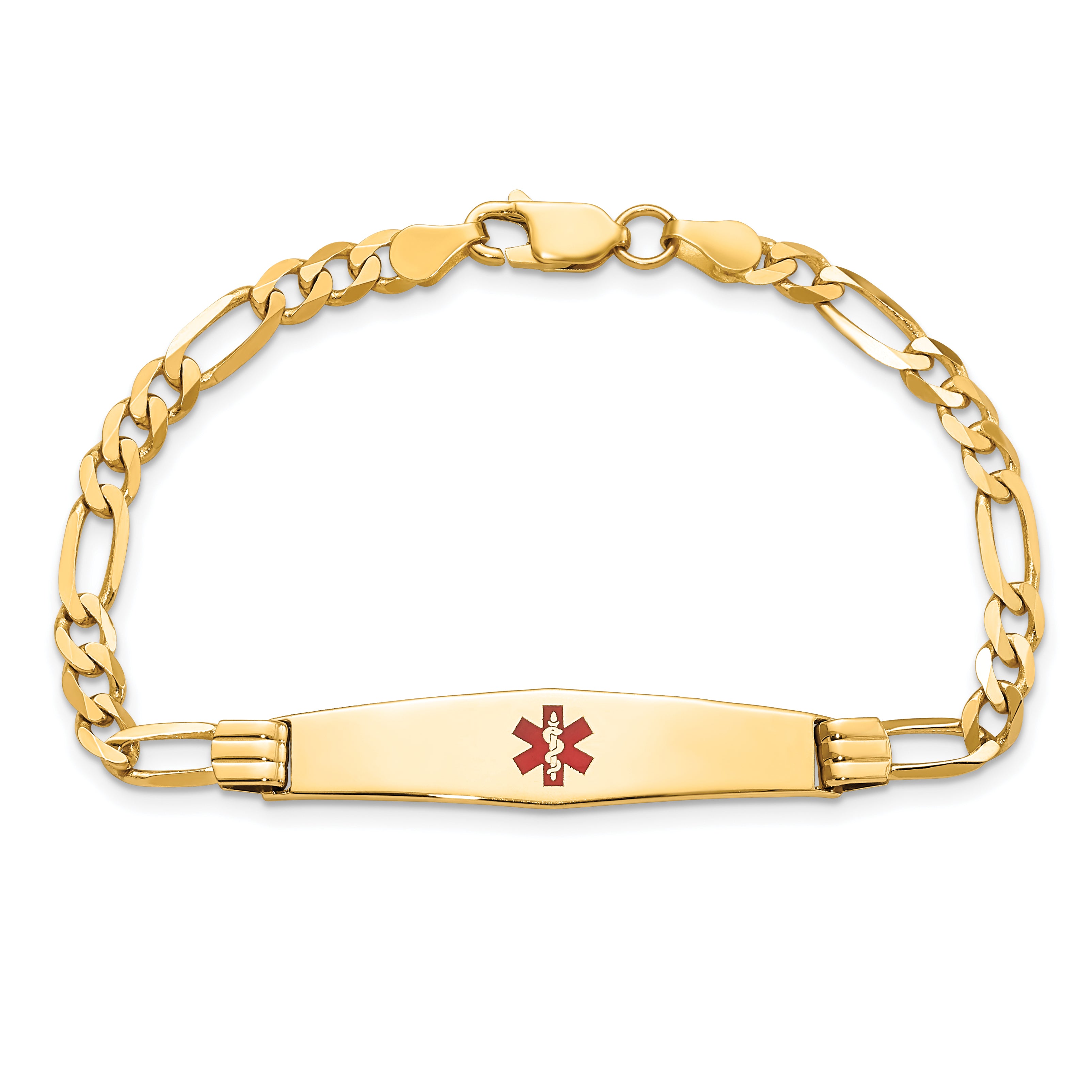 14K Medical Solid Chain/Solid Plate Soft Diamond Shape 36x9mm Centered Red Enamel Figaro Link 7 inch ID Bracelet