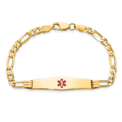 14K Medical Solid Chain/Solid Plate Soft Diamond Shape 36x9mm Centered Red Enamel Figaro Link 7 inch ID Bracelet