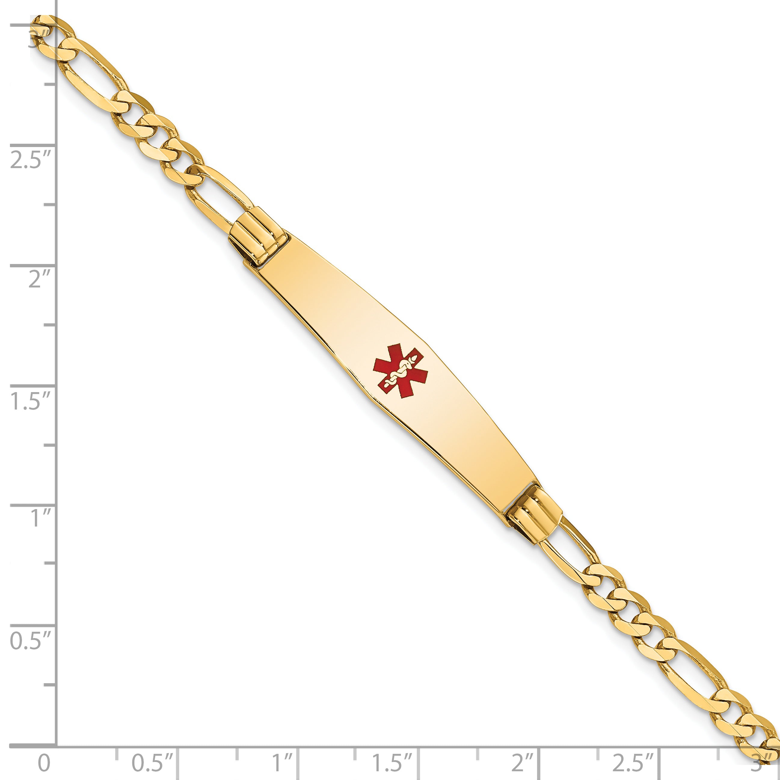 14K Medical Solid Chain/Solid Plate Soft Diamond Shape 36x9mm Centered Red Enamel Figaro Link 8 inch ID Bracelet