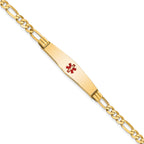 14K Medical Solid Chain/Solid Plate Soft Diamond Shape 36x9mm Centered Red Enamel Figaro Link 8 inch ID Bracelet