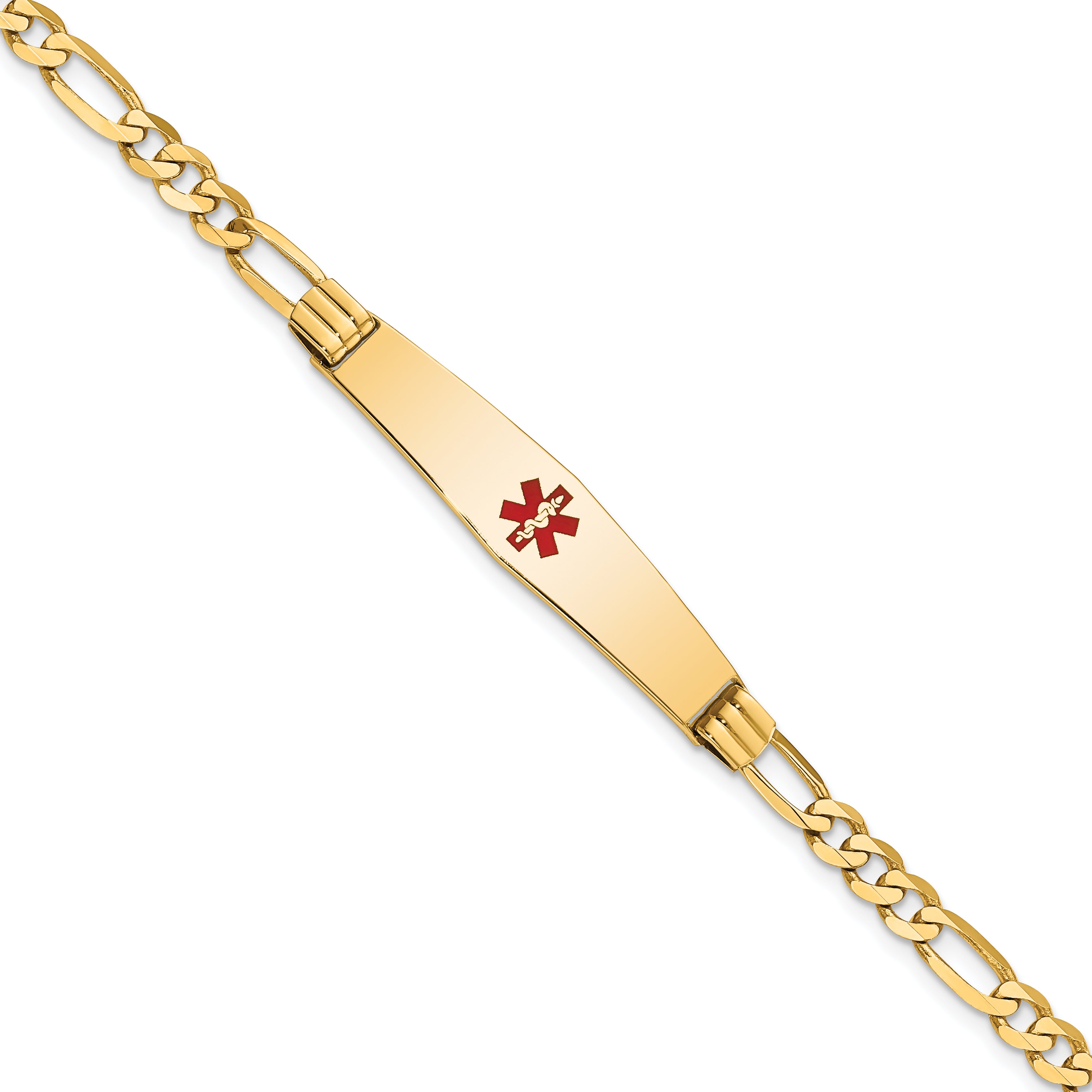 14K Medical Solid Chain/Solid Plate Soft Diamond Shape 36x9mm Centered Red Enamel Figaro Link 8 inch ID Bracelet