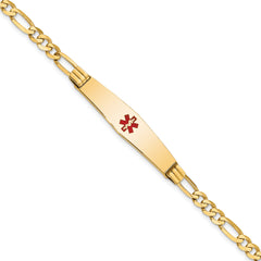 14K Medical Solid Chain/Solid Plate Soft Diamond Shape 36x9mm Centered Red Enamel Figaro Link 7 inch ID Bracelet