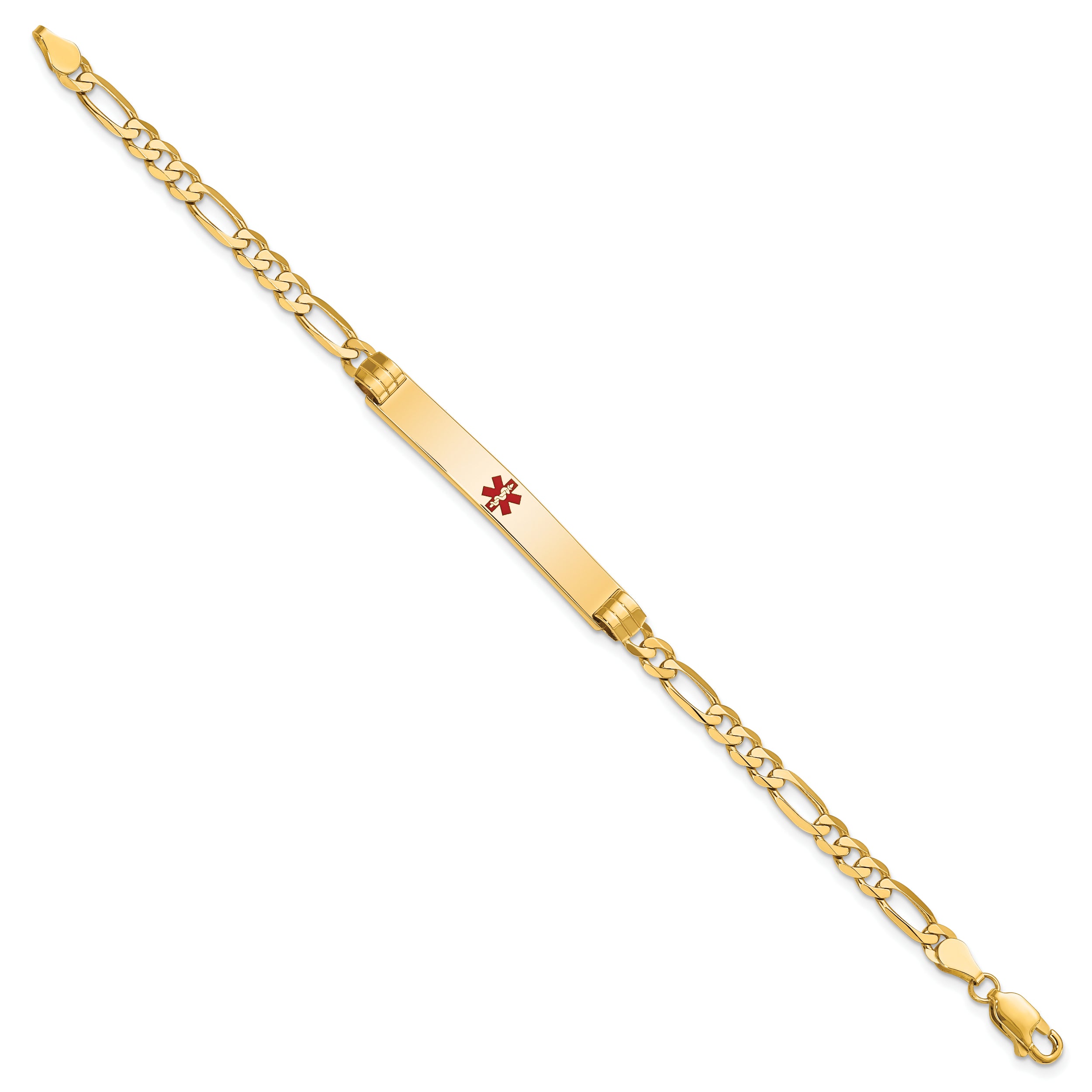 14K Medical Solid Chain/Solid Plate 37x6mm Centered Red Enamel Figaro Link 7 inch ID Bracelet