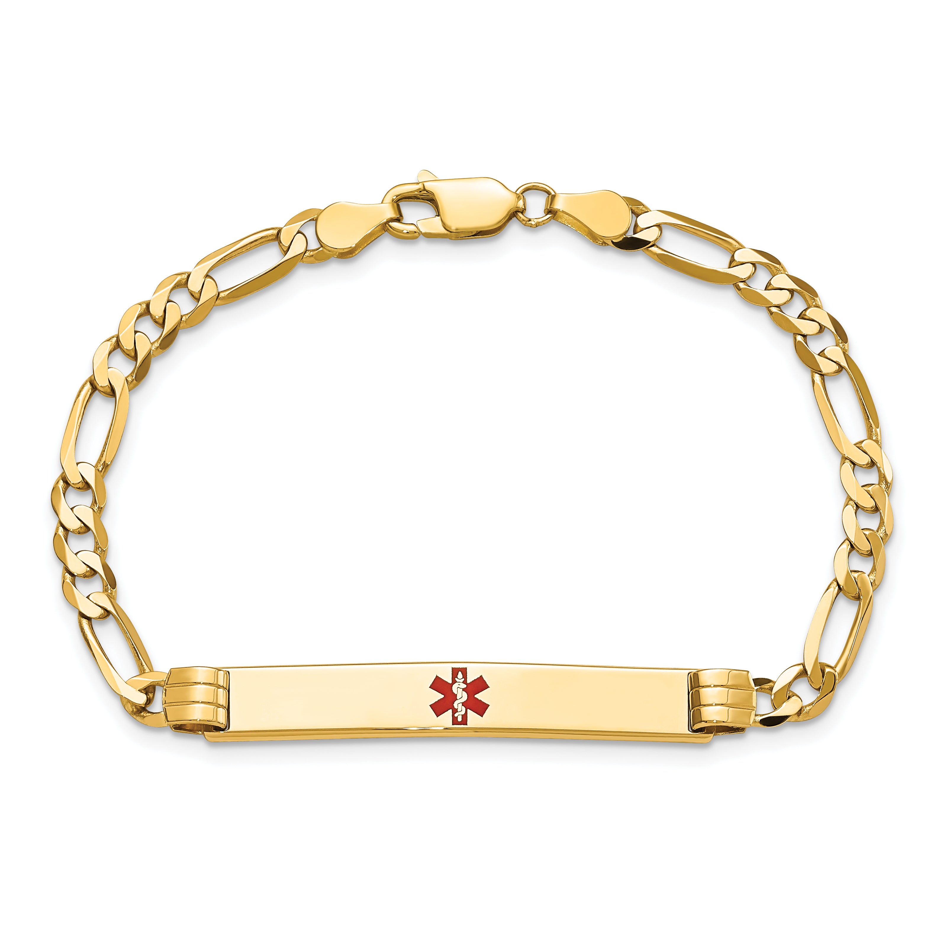14K Medical Solid Chain/Solid Plate 37x6mm Centered Red Enamel Figaro Link 7 inch ID Bracelet