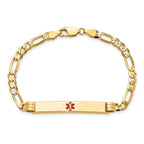 14K Medical Solid Chain/Solid Plate 37x6mm Centered Red Enamel Figaro Link 7 inch ID Bracelet