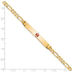 14K Medical Solid Chain/Solid Plate 37x6mm Centered Red Enamel Figaro Link 8 inch ID Bracelet