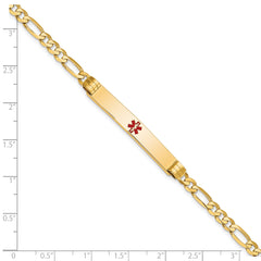 14K Medical Solid Chain/Solid Plate 37x6mm Centered Red Enamel Figaro Link 7 inch ID Bracelet