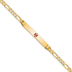 14K Medical Solid Chain/Solid Plate 37x6mm Centered Red Enamel Figaro Link 7 inch ID Bracelet