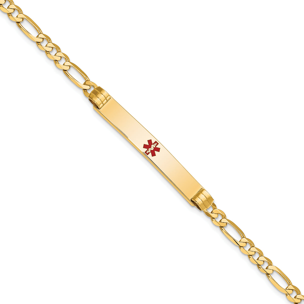 14K Medical Solid Chain/Solid Plate 37x6mm Centered Red Enamel Figaro Link 7 inch ID Bracelet