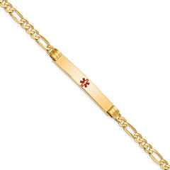 14K Medical Solid Chain/Solid Plate 37x6mm Centered Red Enamel Figaro Link 7 inch ID Bracelet