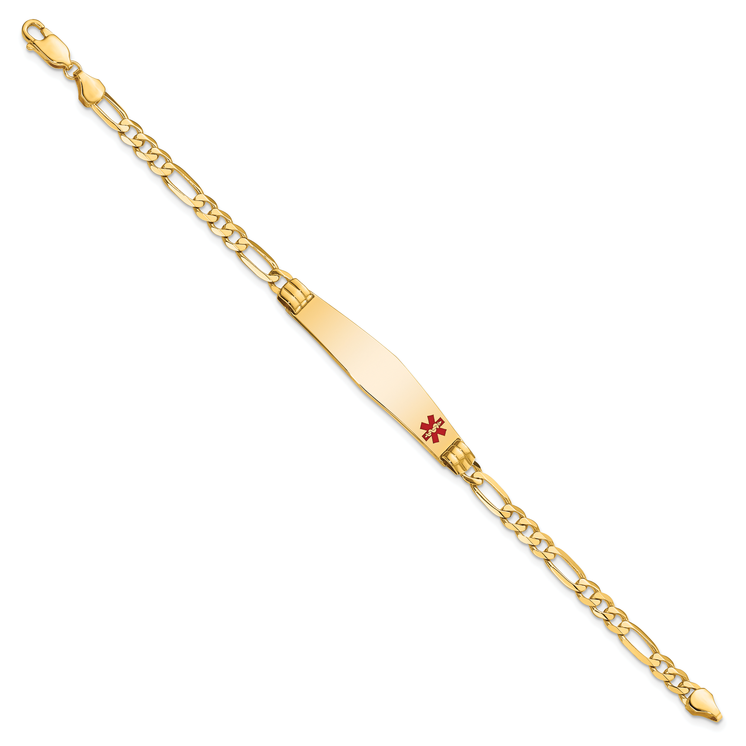 14K Medical Solid Chain/Solid Plate Soft Diamond Shape 36x9mm Off-Center Red Enamel Figaro Link 7 inch ID Bracelet Main image