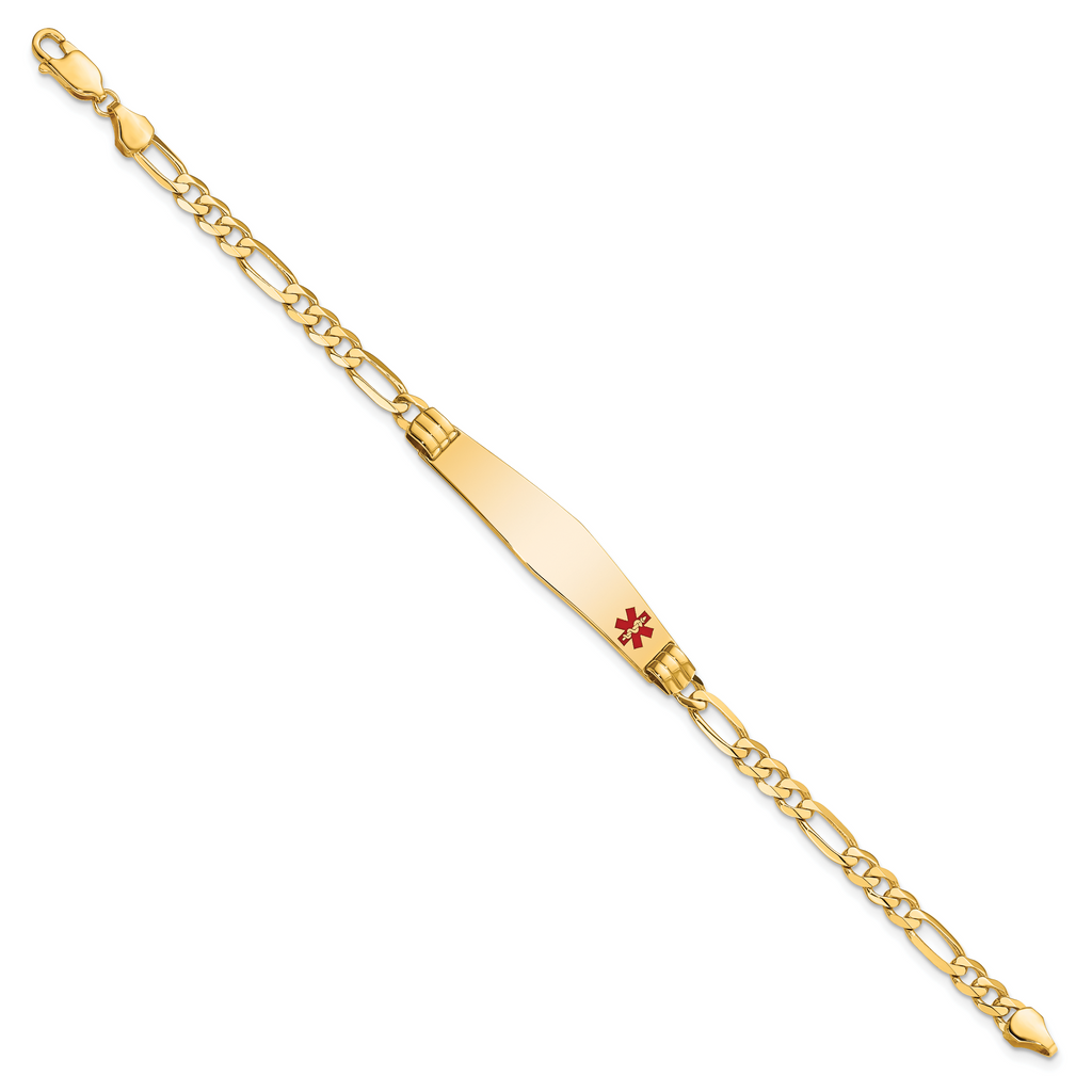 14K Medical Solid Chain/Solid Plate Soft Diamond Shape 36x9mm Off-Center Red Enamel Figaro Link 7 inch ID Bracelet
